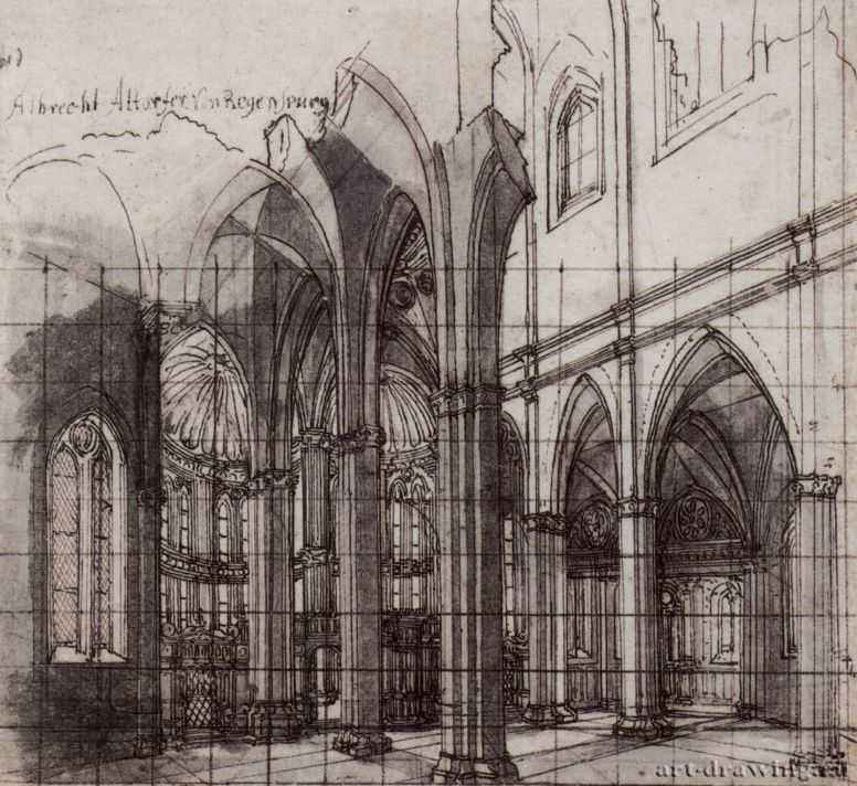 Внутренний вид церкви. 1520 - 185 x 201 мм. Перо черным тоном, отмывка серым тоном, на бумаге, разметка на квадраты. Берлин. Гравюрный кабинет. Германия.