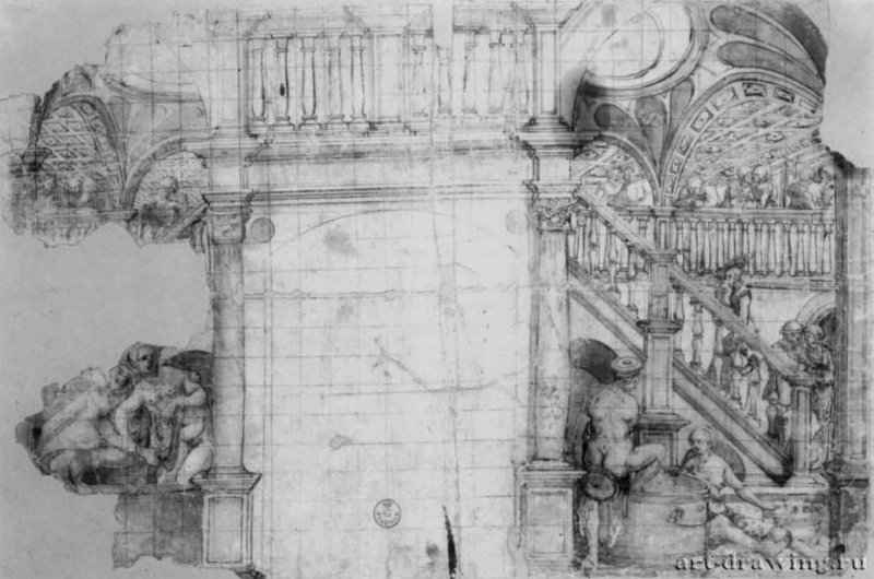 Общественные бани. 1520-1538 - 262 x 405 мм. Перо черно-коричневым тоном, отмывка, по рисунку стилом, подцветка, на бумаге, с разметкой на квадраты сангиной. Флоренция. Галерея Уффици, Кабинет рисунков и гравюр. Германия.