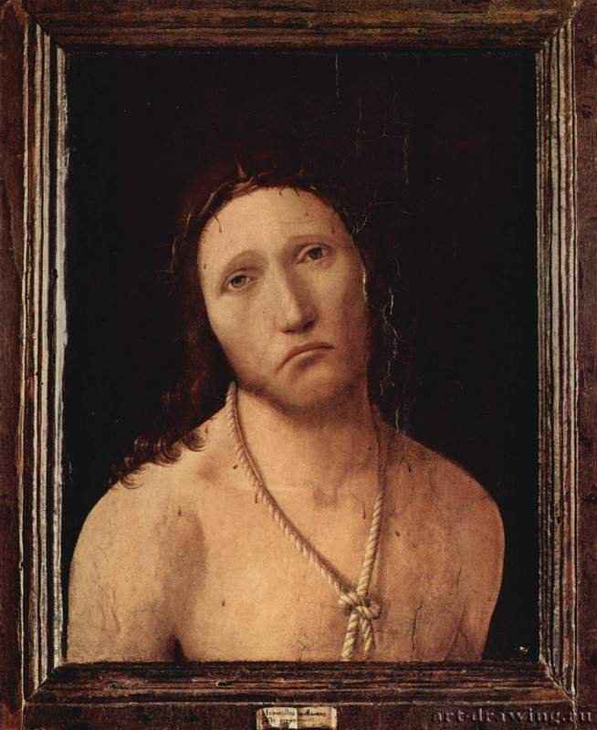 Ecce Homo (Се человек). 1474 - Ecce Homo (Behold the man). 1474
39,7 x 32,7 смДерево, маслоВозрождениеИталияГенуя. Галерея Спинола