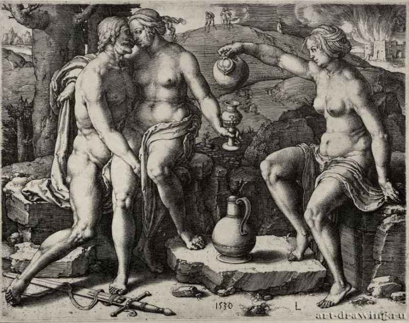 Лука Лейденский: Лот с дочерьми, 1530. Резцовая гравюра на меди.
