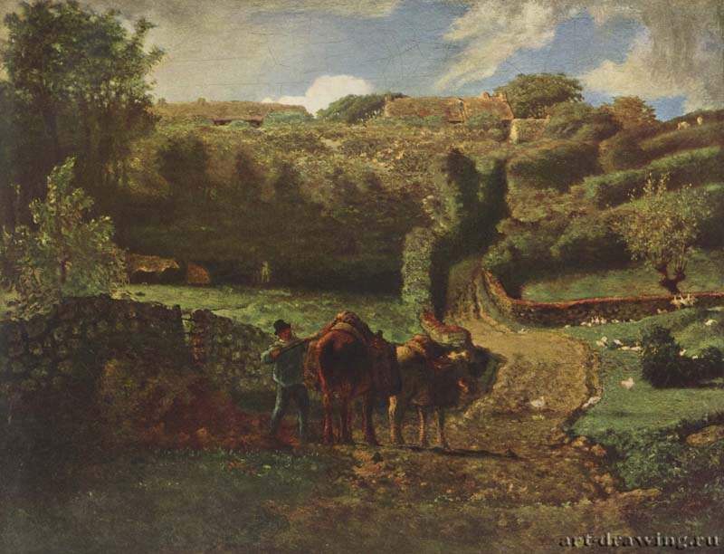 Деревушка Кузен близ Гревиля, 1855 г. - Холст; 71,5 x 91,5 см. Реализм, барбизонская школа. Франция. Реймс. Музей изящных искусств.