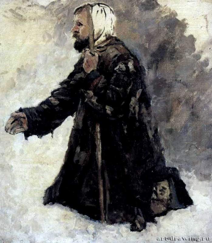 Юродивый на коленях. 1884-1887 - 50,5 x 41,5 см. Холст, масло. Реализм. Россия. Санкт-Петербург. Государственный Русский музей. Эскиз к историческому полотну "Боярыня Морозова".