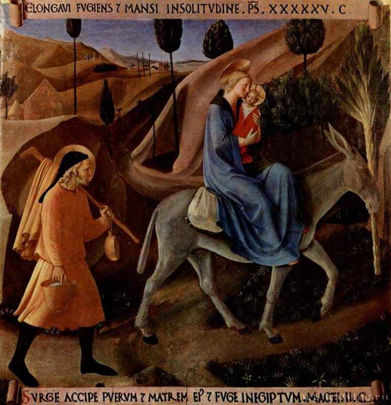 Цикл сцен из жизни Христа для посудного шкафа. Бегство в Египет. 1450 * - Каждая сцена 38,5 x 37 смДерево, темпераГотика, раннее ВозрождениеИталияФлоренция. Музей Сан МаркоСовместная работа со "Scuola da tutte le fonti", не все доски сохранились