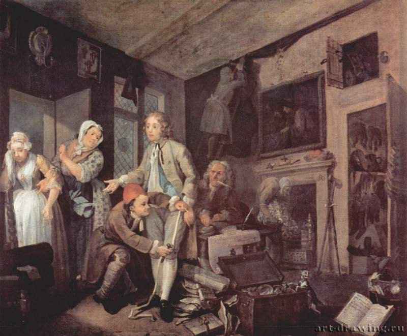 Цикл картин "Жизнь распутника". Получение наследства. 1732-1735 - 62,5 x 75 смХолст, маслоРококоВеликобританияЛондон. Музей сэра Джона СоунаСатира, цикл из восьми картин