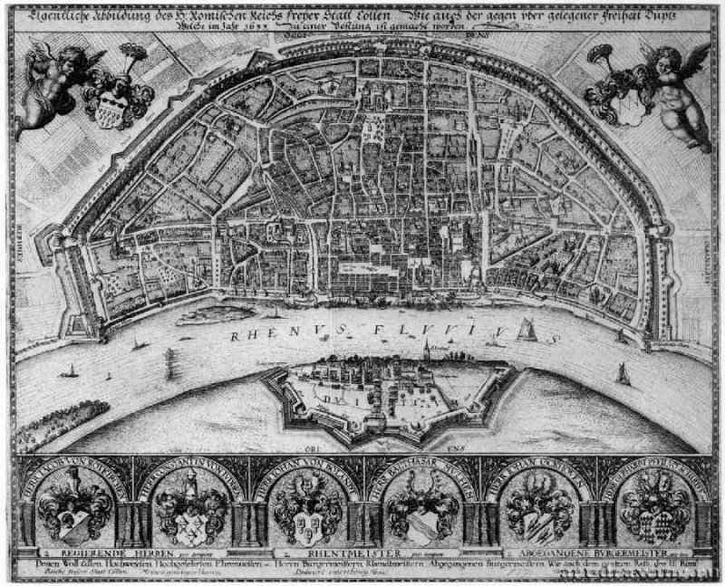Кёльн, план Кёльна и Дёйца. 1635 - 261 х 317 мм. Резцовая гравюра на меди. Кёльн. Собрание Гюнтера Лейстена. Чехия.